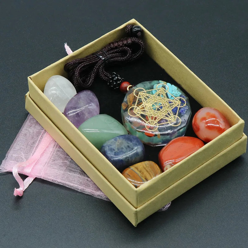 Metatrons Würfel-Orgonit-Halsketten-Set mit 7 Chakra-Kristallen