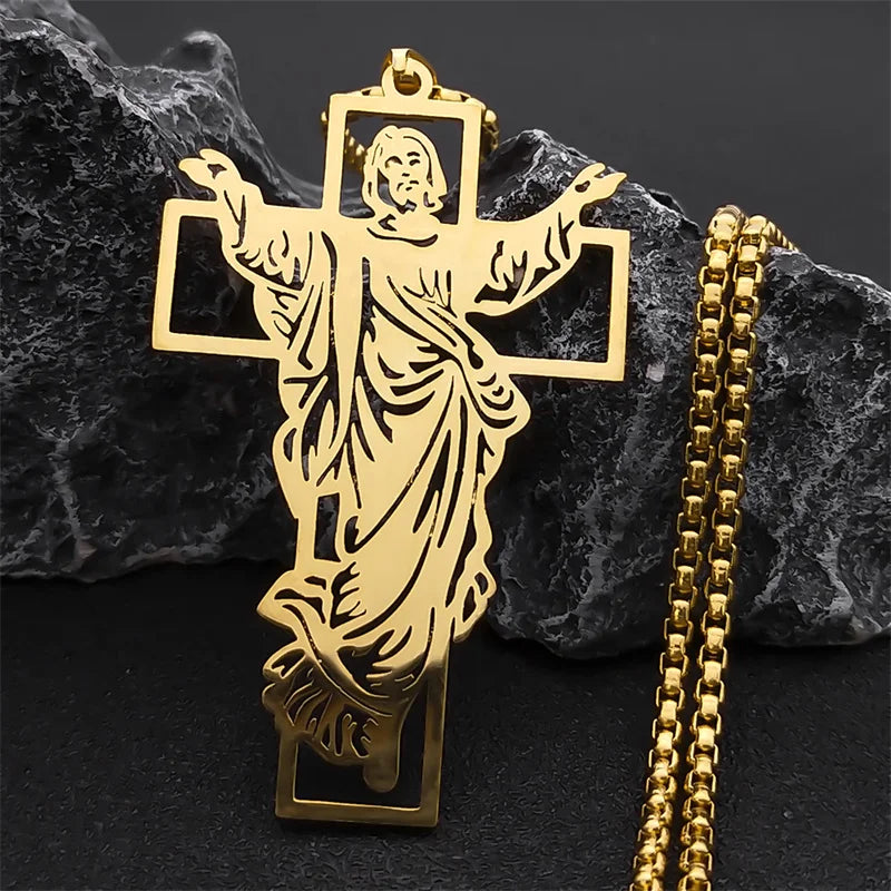 Goldfarbene Halskette mit Jesuskreuz aus Edelstahl