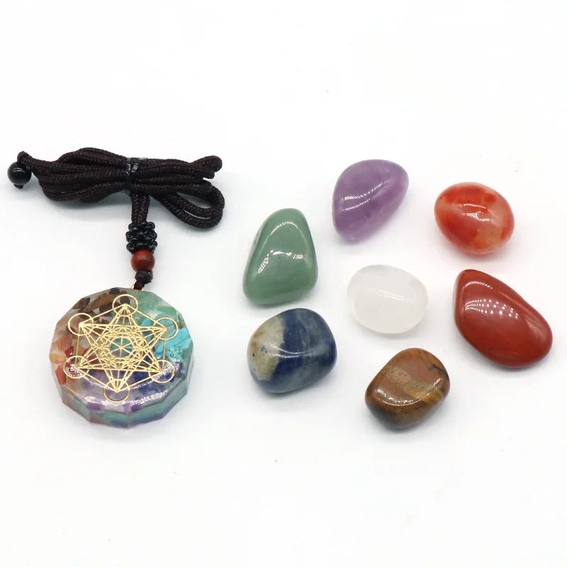 Metatrons Würfel-Orgonit-Halsketten-Set mit 7 Chakra-Kristallen