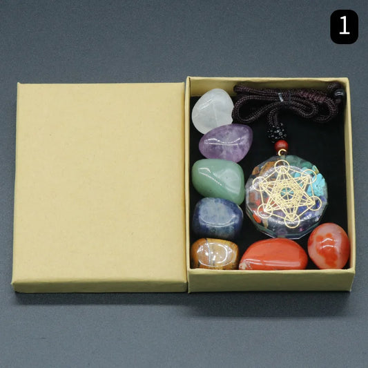 Metatrons Würfel-Orgonit-Halsketten-Set mit 7 Chakra-Kristallen