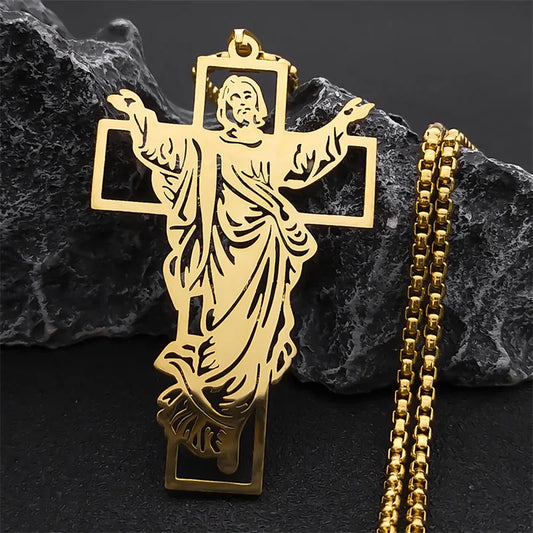 Goldfarbene Halskette mit Jesuskreuz aus Edelstahl