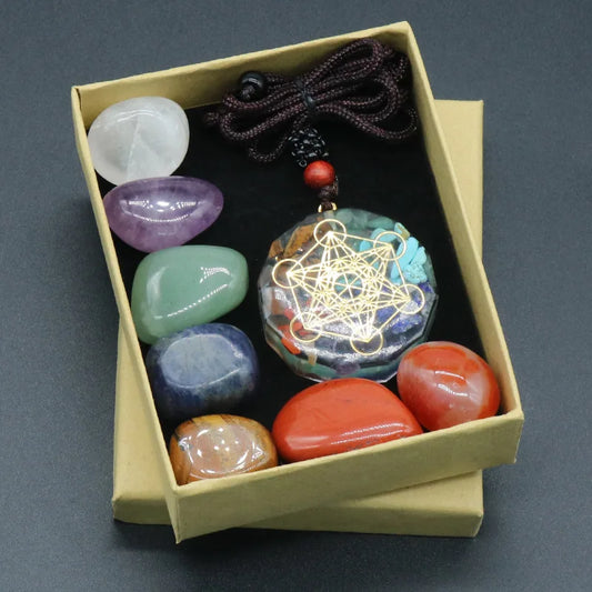 Metatrons Würfel-Orgonit-Halsketten-Set mit 7 Chakra-Kristallen